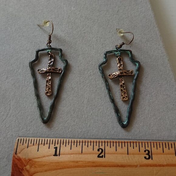 Rustic Copper Triangle with cross Earrings - Picture 6 of 6